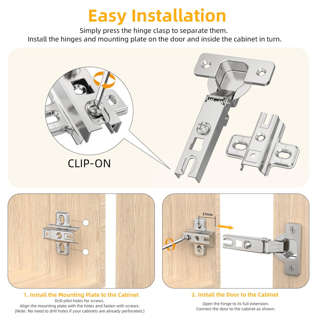 10 Pack Full Overlay Cabinet Hinges, Frameless, 105°, Self Closing