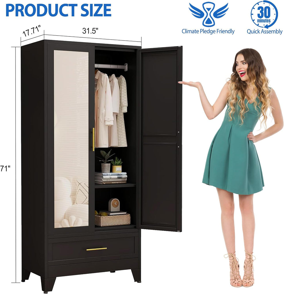 Steel Armoire Wardrobe Closet with Mirror Door and Drawer 71" Black | Household Wardrobe Cabinet with Hanging Rod