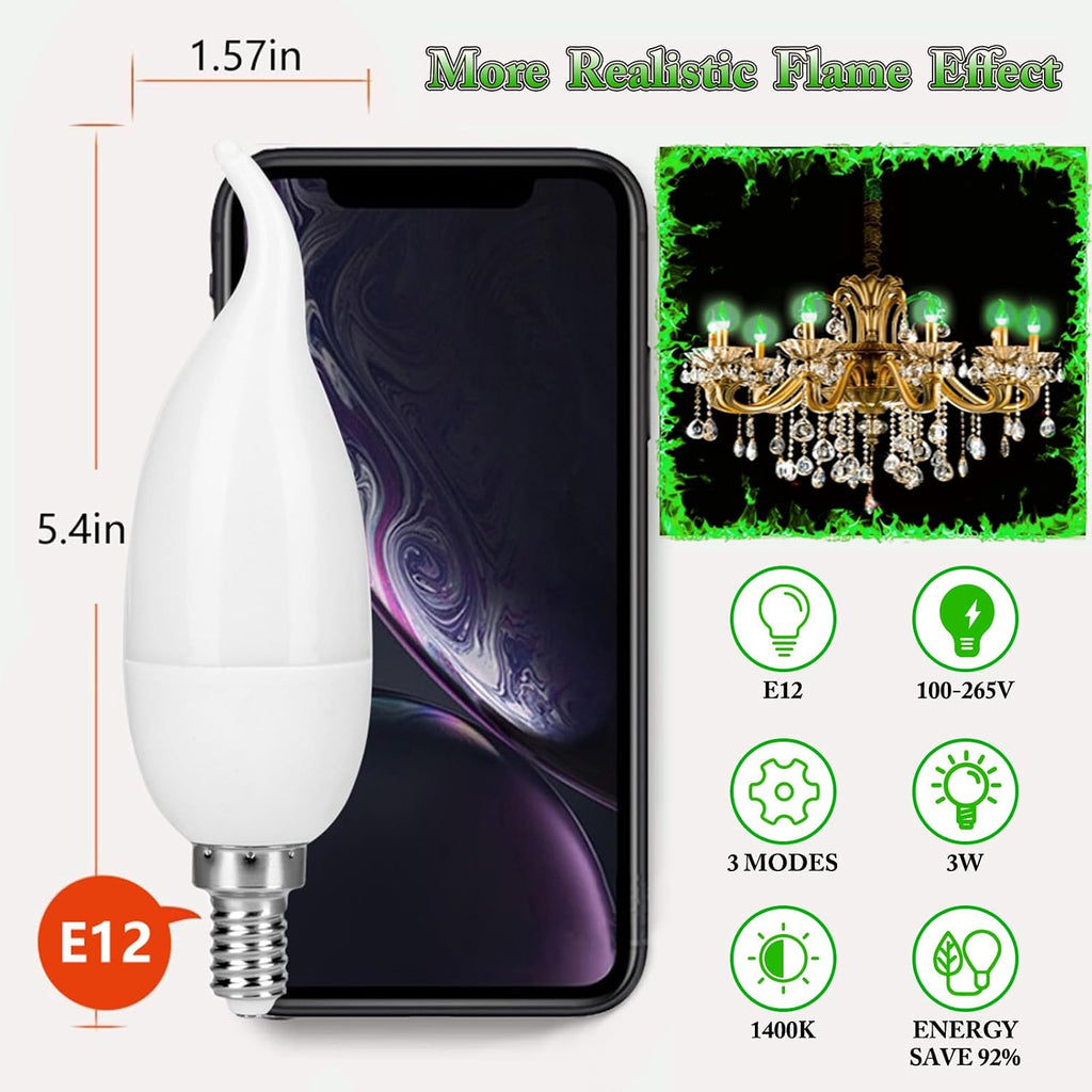 E12 LED Flickering Candelabra Flame Effect Light Bulbs - Green
