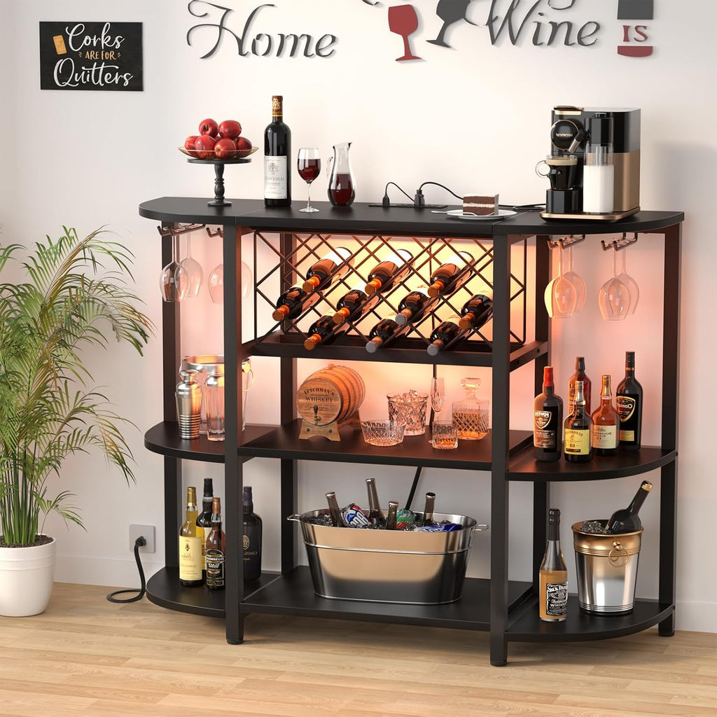4-Tier Metal Coffee Bar Cabinet with Outlet and LED Light | Freestanding Floor Bar Table, Liquor with Glass Holder