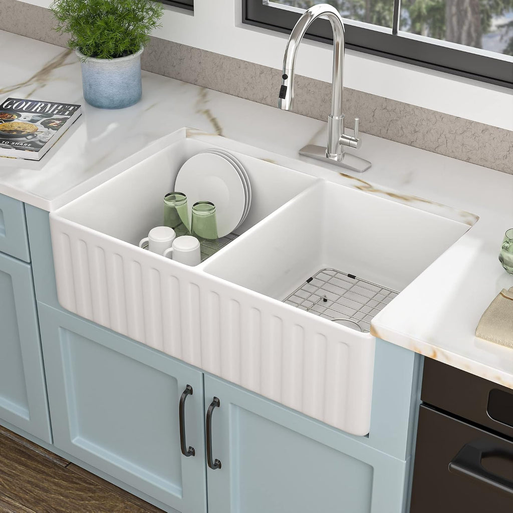 33 White Farm Sink Double Bowl - 33"×20" Apron Front Farmhouse Sink Reversible Double Bowl 50/50 Ceramic Porcelain