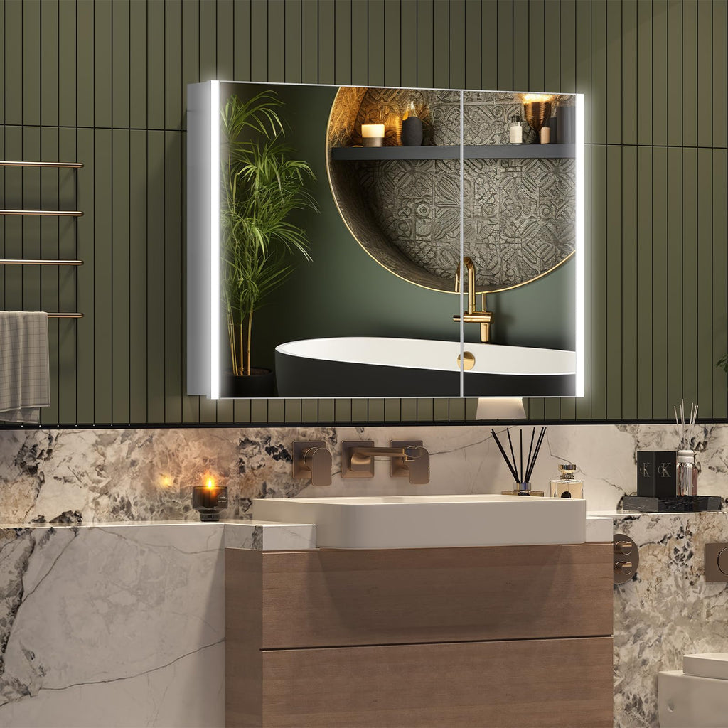 36x28 Medicine Cabinet Mirror with Lights, Fully Assembled Lighted Medicine Cabinets, Surface Mount Large Silver LED
