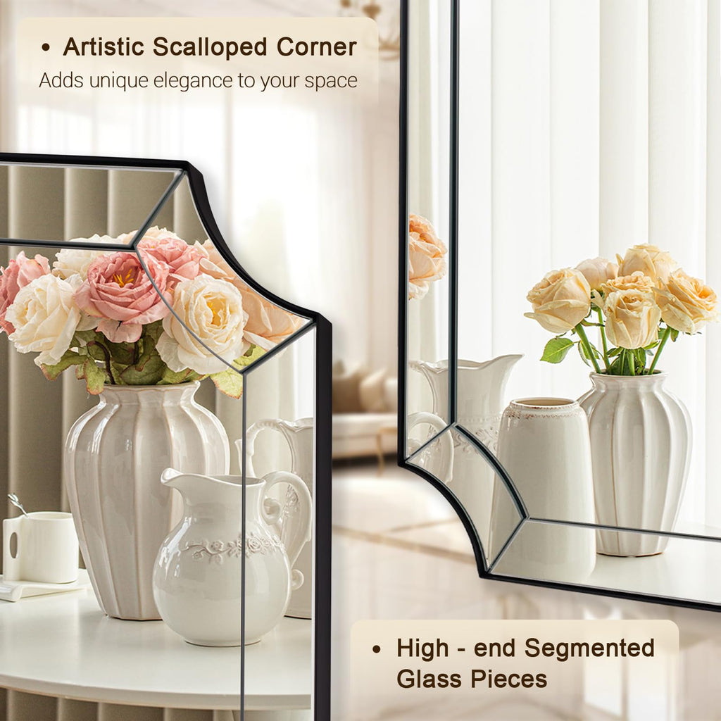 Bathroom Vanity Mirror, 24x32 Matte Black Rectangle Mirror with Scalloped Edge, Vintage Notched Corner Bathroom