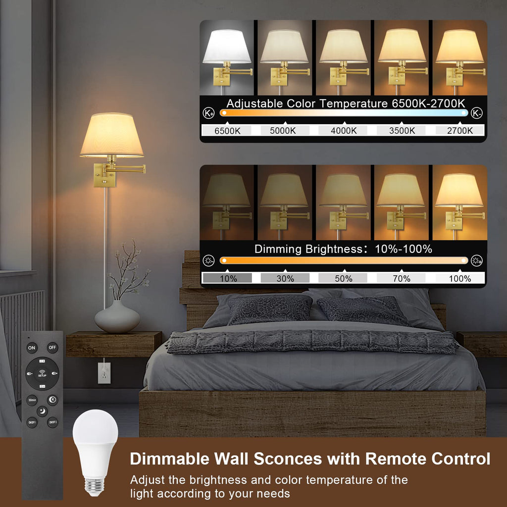 Remote Control Dimmable Wall Sconce, Adjustable Color Temperature 2700K-6500K Brushed Brass Swing Arm Wall Lights