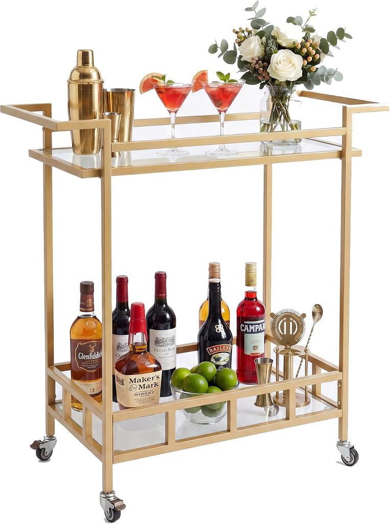 Gold Bar Carts for the Home, Bar Serving Cart with 2 Glass Shelves | Kitchen Beverage Cart / Liquor Cart for the