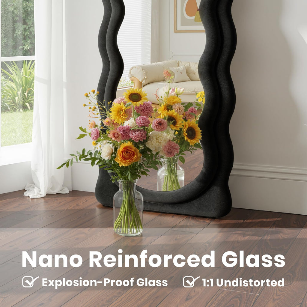 Full Length Mirror 71"x30" Irregular Wavy Full Body Wall Mounted Floor Mirror with Stand Black Flannel Frame Leaning