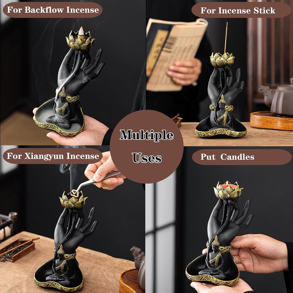 7.9 inch Resin Buddha Hand Backflow Incense Burner with Lotus