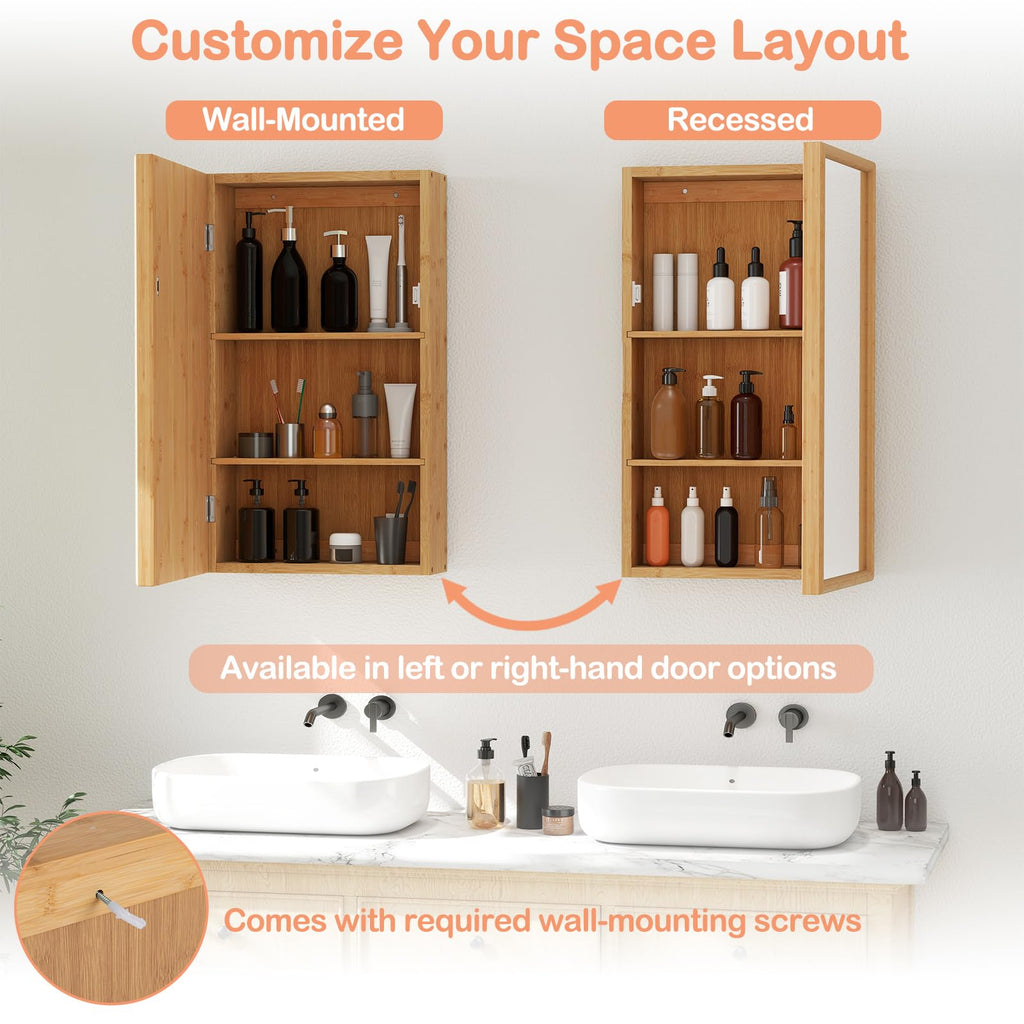 Bamboo Medicine Cabinet with Mirror, 14" x 24" Small Bathroom Mirror with Storage, 2 Removable Shelves, Farmhouse