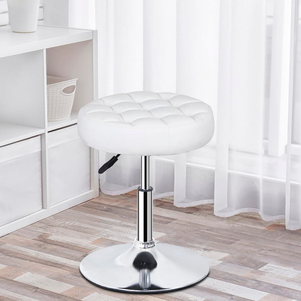 Upholstered Round Vanity Stool, Adjustable Height 360°Swivel Makeup Ottoman Stool with Plush Button-Tufted Cushion