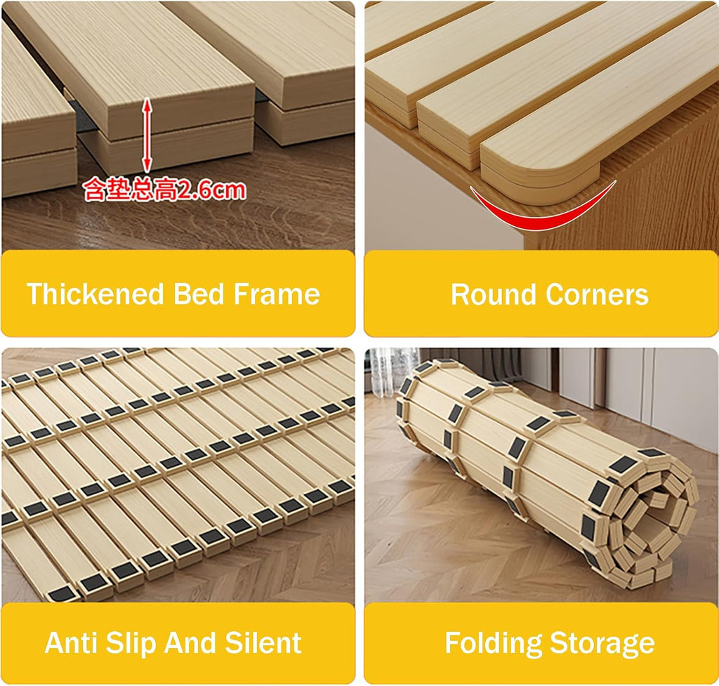 Folding Bed Frame, Solid Wood Japanese Platform Bed, Roll-Up Slatted Design, 79" L x 39.4" W, Minimalist Wooden