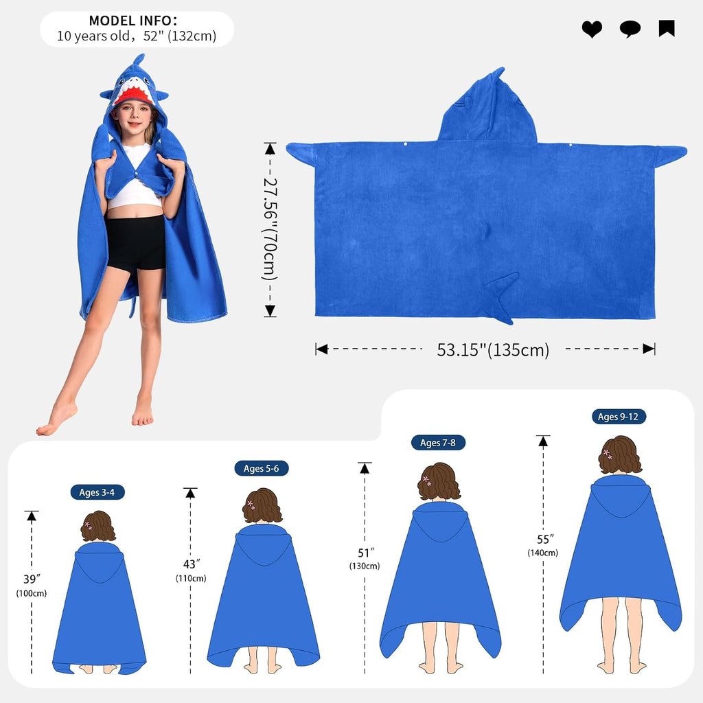 Shark Hooded Towel for Kids 3-12 Years, 28" x 53" Soft Thick Microfiber Ultra Absorbent Bath Towel Wrap, Beach Pool