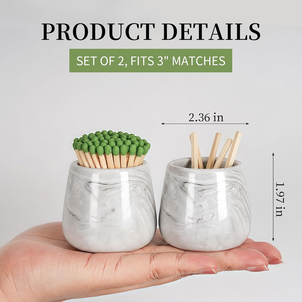 Marble Ceramic Match Holder with Striker Decorative Jar - Set of 2