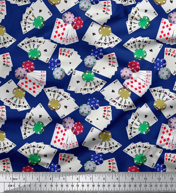 58 Inches Wide Cotton Poplin Fabric Poker Card Print Sewing Material by The Yard-Blue