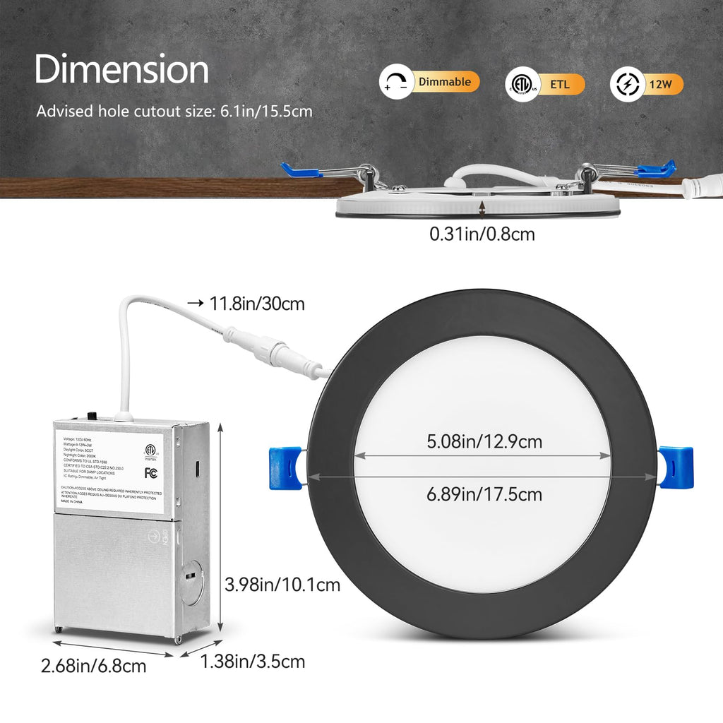 6 Inch Black Recessed Lights with Night Light, 16 Pack