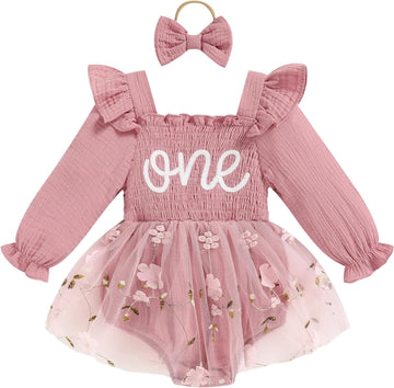 Baby Girl 1st Birthday Clothes One Year Old Tulle Romper Long Sleeve Bodysuit Cake Smash Outfits