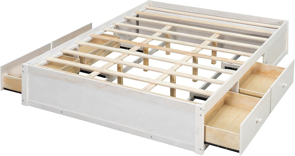 Farmhouse Wood Bed Frame, Japanese Low Platform Wooden Beds Frames with 4 Drawers & Concealed Hydraulic