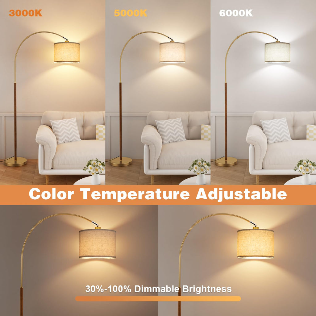Dimmable Arc Floor Lamp with Remote, Color Temp Adjust, Woodgrain