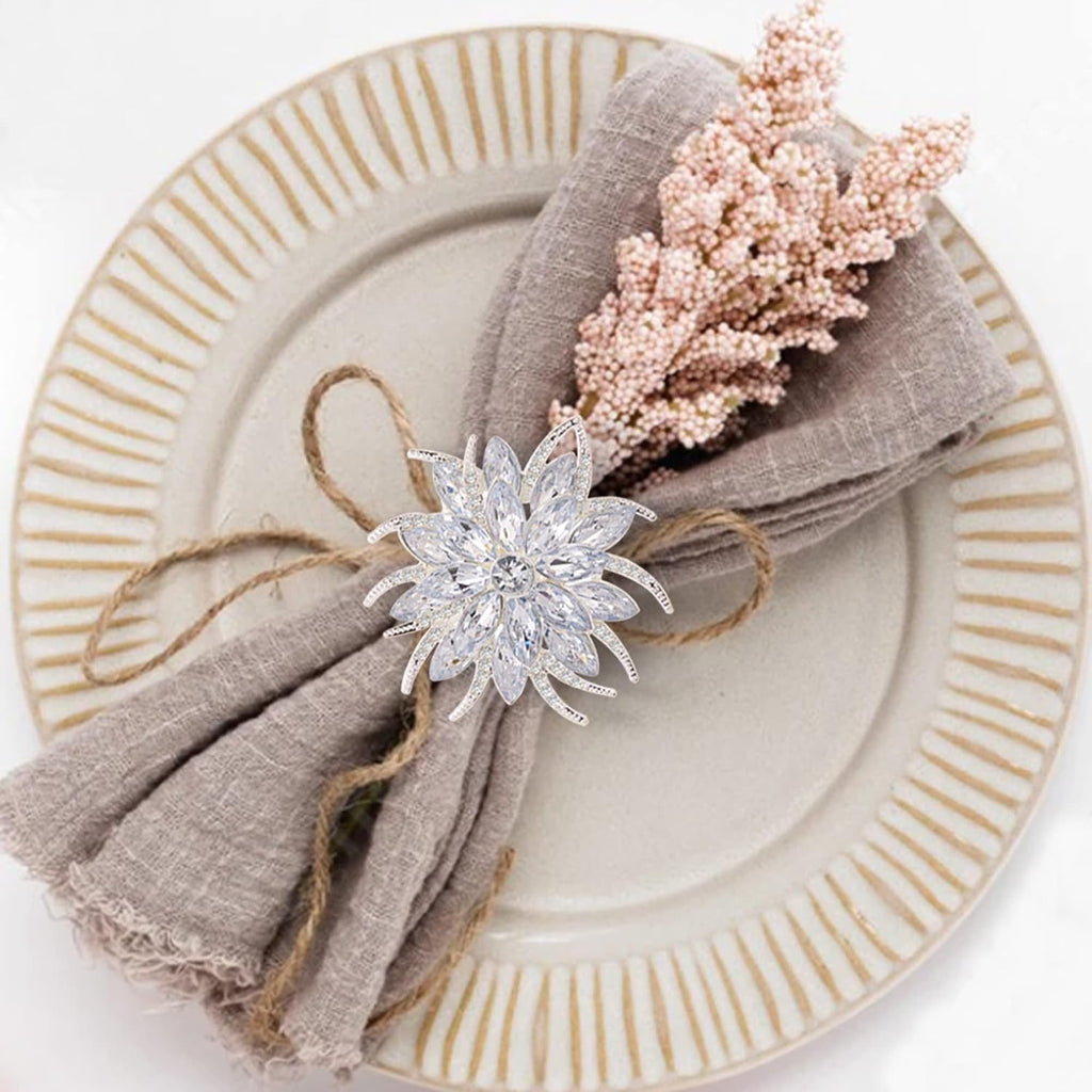 Christmas Flower Napkin Rings, Silver Lotus Elegant Rhinestone Napkin Ring Serviette Buckles Holder - Set of 8