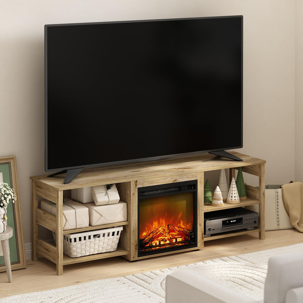 Classic TV Stand, Entertainment Center, TV Console for TV up to 70 Inch with Fireplace and Open Shelf, Brown Oak