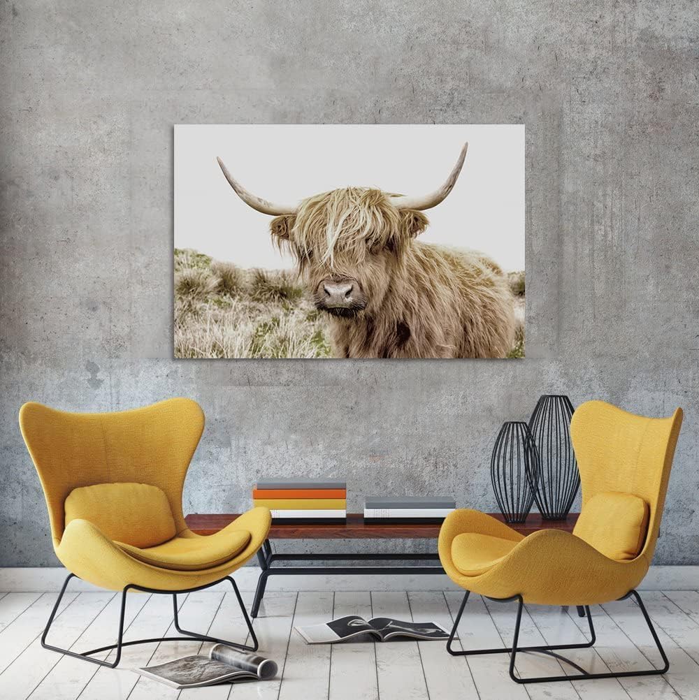 Modern Wall Art Attractive Animals Picture Black and White Background Canvas Highland Cow and Farmhouse Painting