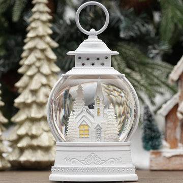 Christmas Church Snow Globe, Musical Snow Globe Lantern with Swirling Glitter, White Christmas Tree Churches, USB &