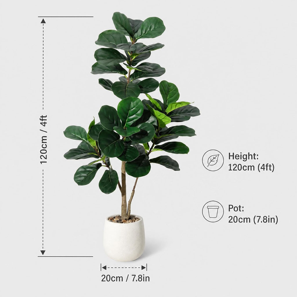 4 ft Artificial Fiddle Leaf Fig Tree, Realistic Faux Ficus Lyrata with 48 Leaves, PE & PVC Potted Floor Plant Living