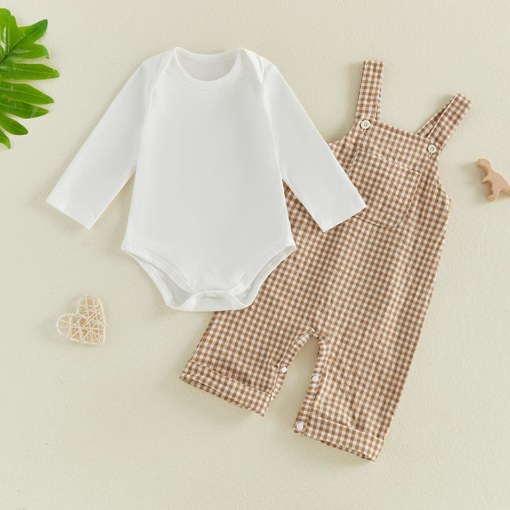 Newborn Infant Baby Boy Fall Clothes Long Sleeve Romper Top Gingham Plaid Overall Pants Hat 3Pcs Fall Outfits Set