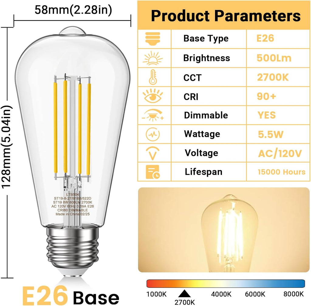Edison Light Bulbs 5.5W, 60W Equivalent Dimmable Vintage LED Light Bulbs, 500LM E26 Medium Base Soft White 2700K LED