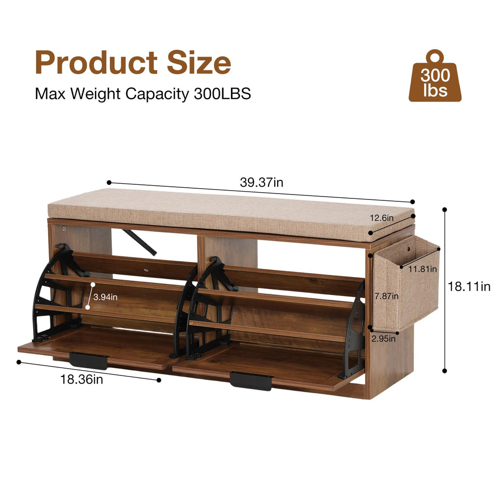 40'' Shoe Storage Bench, Entryway Bench with Shoe Storage & 2 Flip Drawer & Seat Cushion, Rattan Hidden Shoe Rack