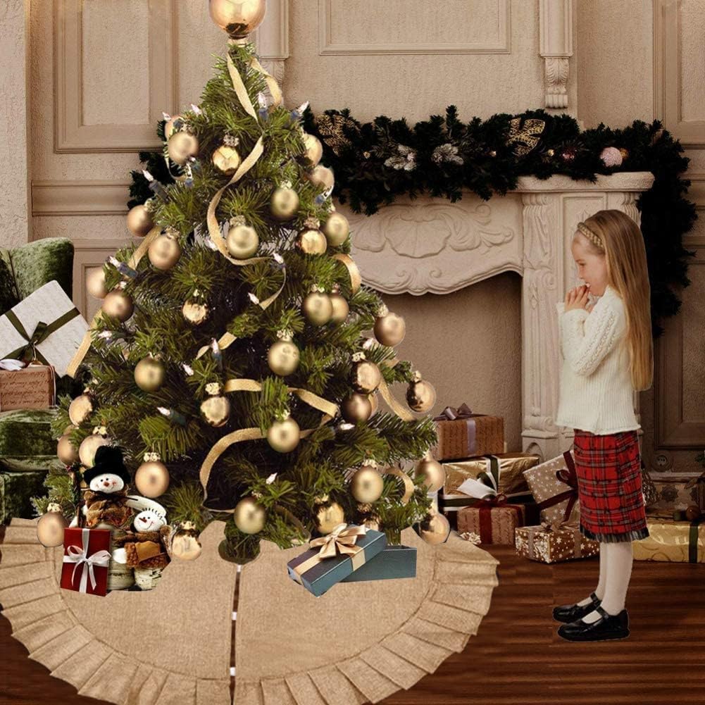 Christmas Tree Skirt Linen Burlap Tree Skirt with Ruffled Border Rustic Christmas Burlap Tree Skrit Holiday