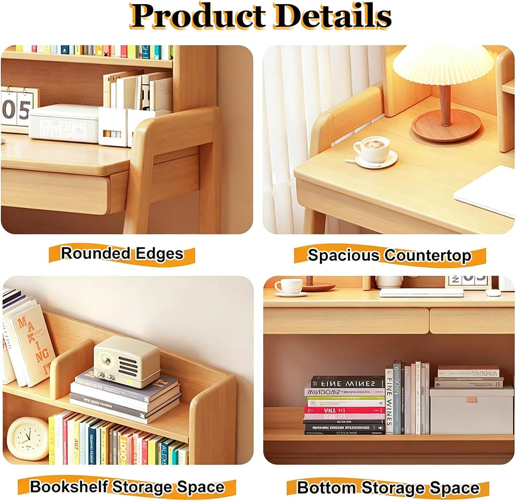 Kids Study Desk with Hutch and Storage Drawers, Level Height Adjustable Children's Writing Table, Solid Wood Kids &