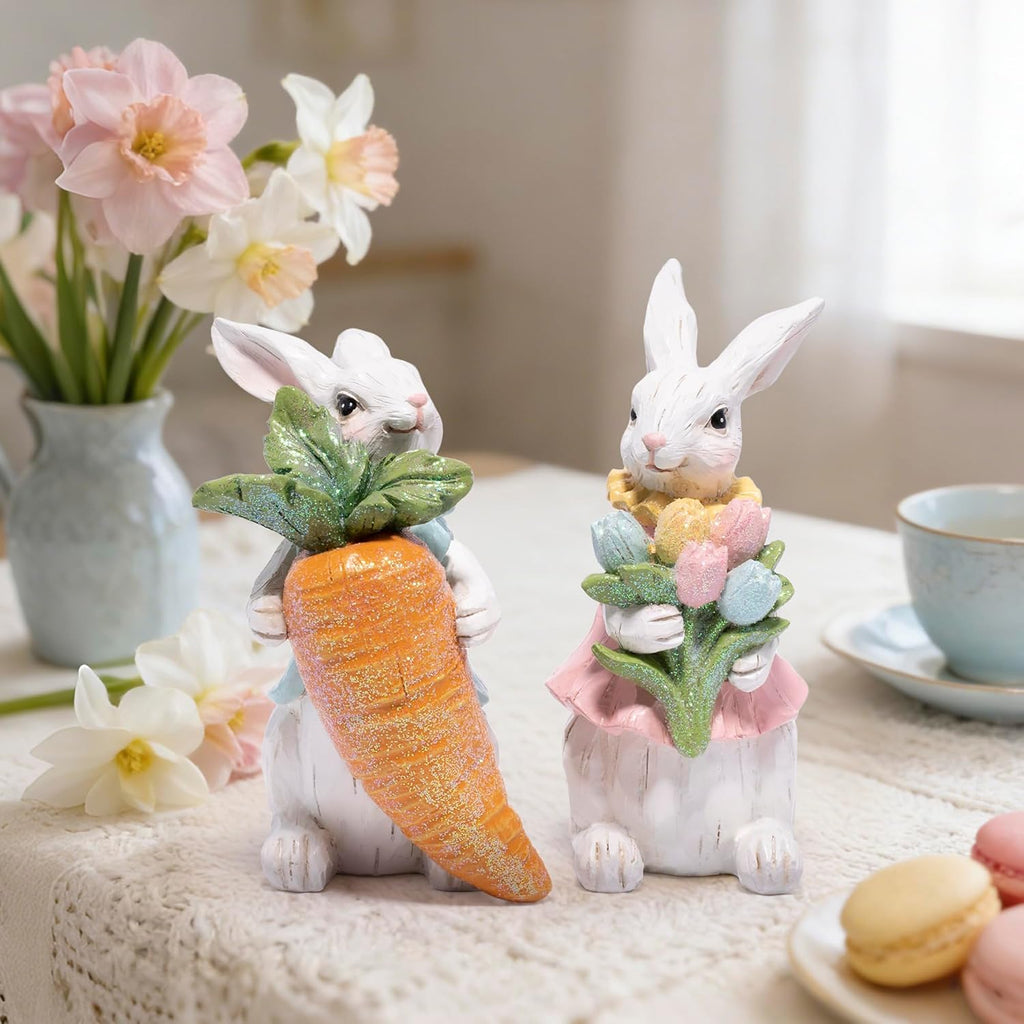 Easter Bunny Decorations Resin Rabbit Figurines with Carrot & Tulip Bouquet, Spring Indoor Decor Bedroom - Set of 2