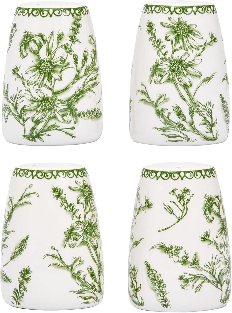 Green Garden Toile De Jouy Ceramic Salt & Pepper Shaker Set or Decor, Dishwasher Safe - Set of 2