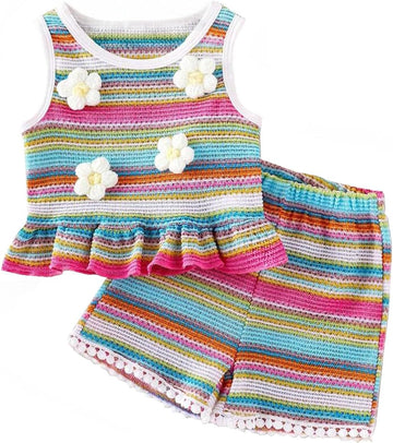 Baby Girls 3D Floral Ruffle Hem Tank Top and Shorts Set