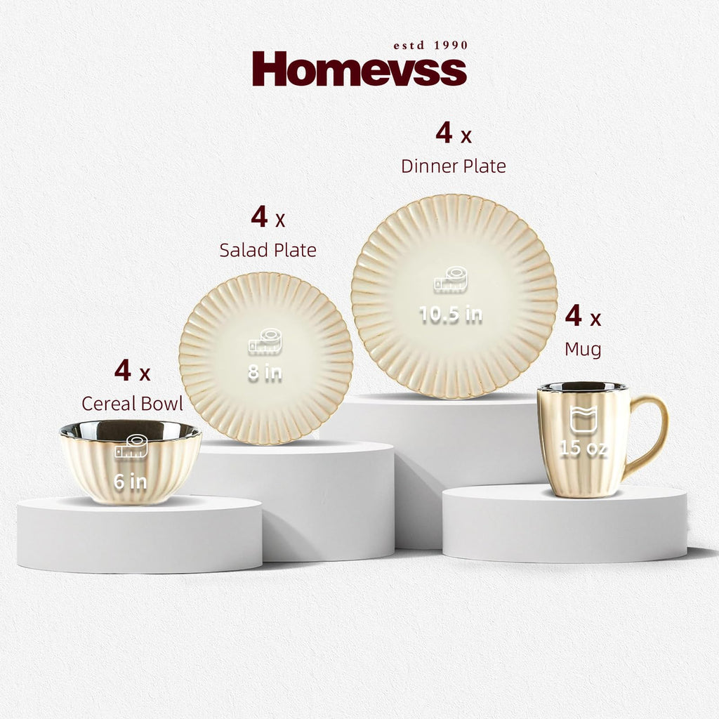 Ribbed Stoneware Dinnerware Set, Reactive Glaze Golden Cream, Service for 4