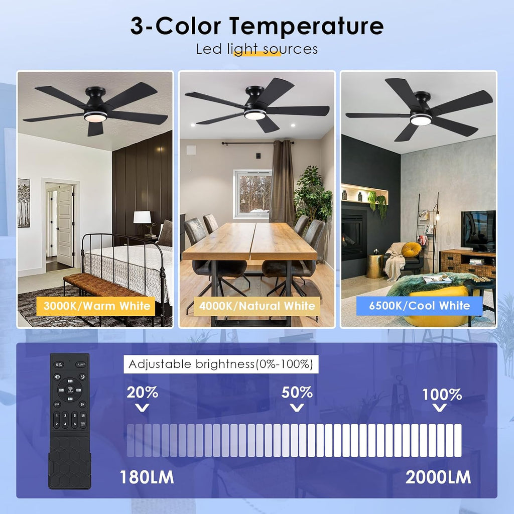 52In Black RGB Ceiling Fans with Lights - Flush Mount Low Profile Ceiling Fan Light with Remote/APP, RGB+3CCT 6 Wind Speeds and Reversible, Modern Fan Light Fixture for Party, Kid's Room A101-B0DTG9HHZY