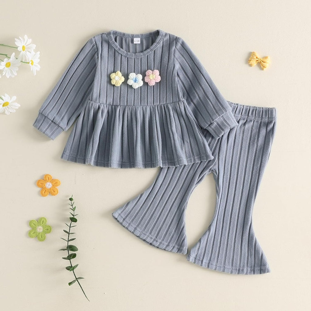 Toddler Baby Girl Clothes Flower Plush Long Sleeve Shirt Flare Pants Set
