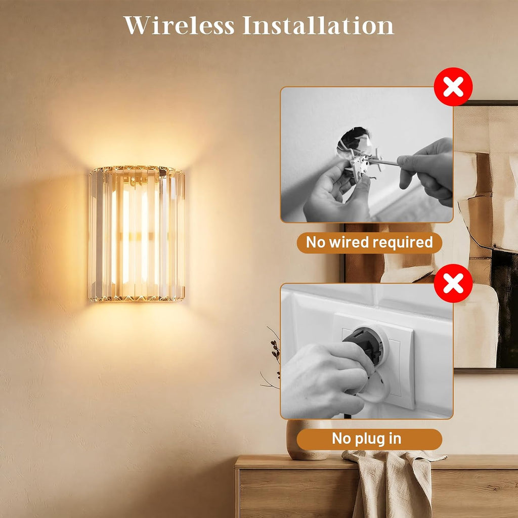Gold Battery Operated Wall Sconces Set of Two, Crystal Wireless Wall Lights with Remote, Rechargeable Cordless Wall