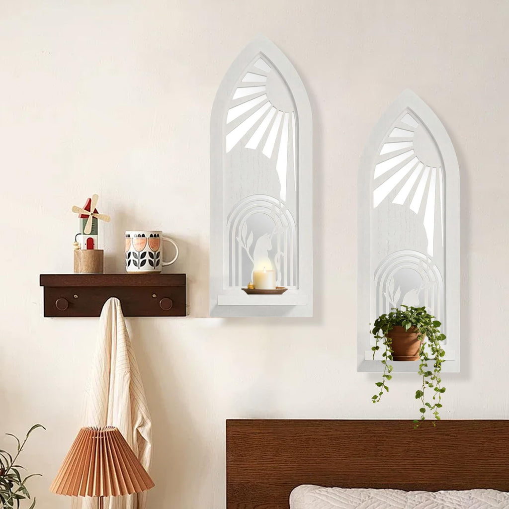 2 Set Rustic Candle Sconces Living Room Bedroom Entryway Wood Mirrored, Farmhouse, Carved Frame Wall-Mount Wooden