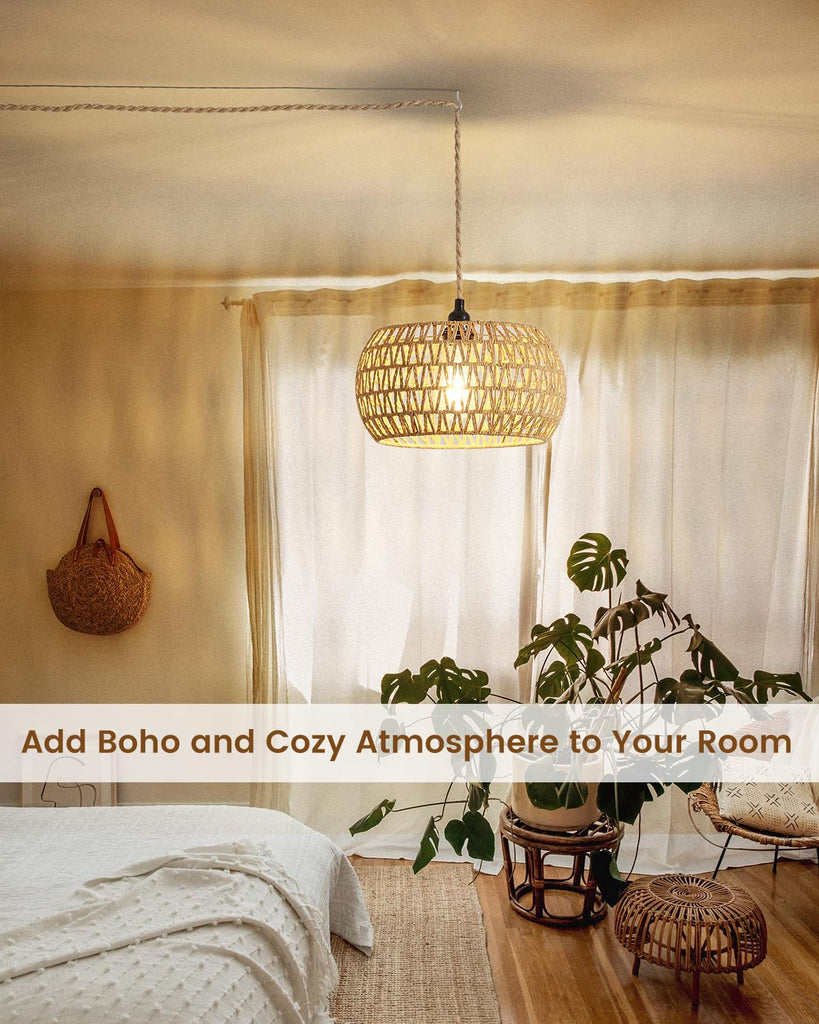 Rattan Boho Hanging Light, 12.6'' Natural Hand Woven Fabric Drum Light, Plug Into Wall Outlet Pendant Light Fixture