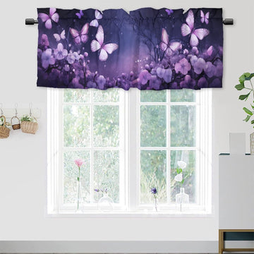 Purple Flower Butterfly Rod Pocket Blackout Curtain Valances Blooming Flower Spring Plant Nature Dreamy Window