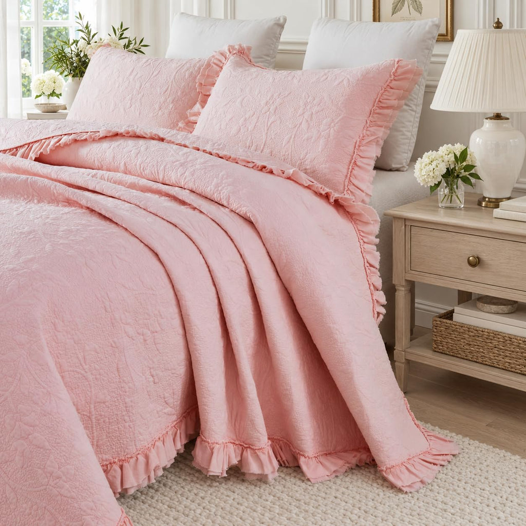 Pink Cotton Quilt Set Ruffled Matelasse Coverlet 3PC