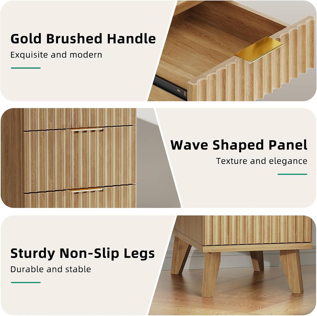 Narrow Nightstand with Hidden Outlets & USB Ports, Modern Fluted Bedside Table with 3 Drawers, Engineering Wooden End
