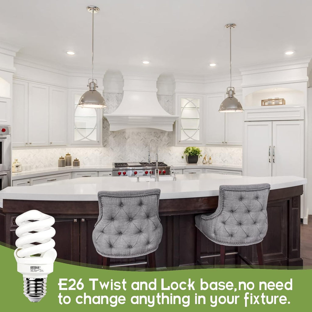 E26 Spiral CFL Light Bulbs Medium Base 13Watt (60Watt Equivalent) Soft White 2700K, 1040Lm Non-dimmable Compact