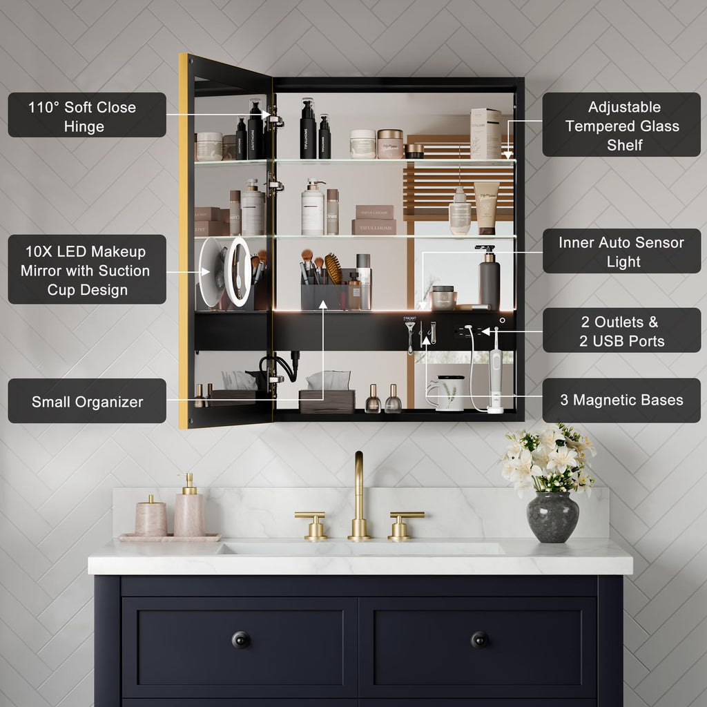 24x32 Premium Gold Framed Medicine Cabinet with Lights, 3-Color/Dimmable, Anti-Fog, Aluminum, Plug-in & Hardwired