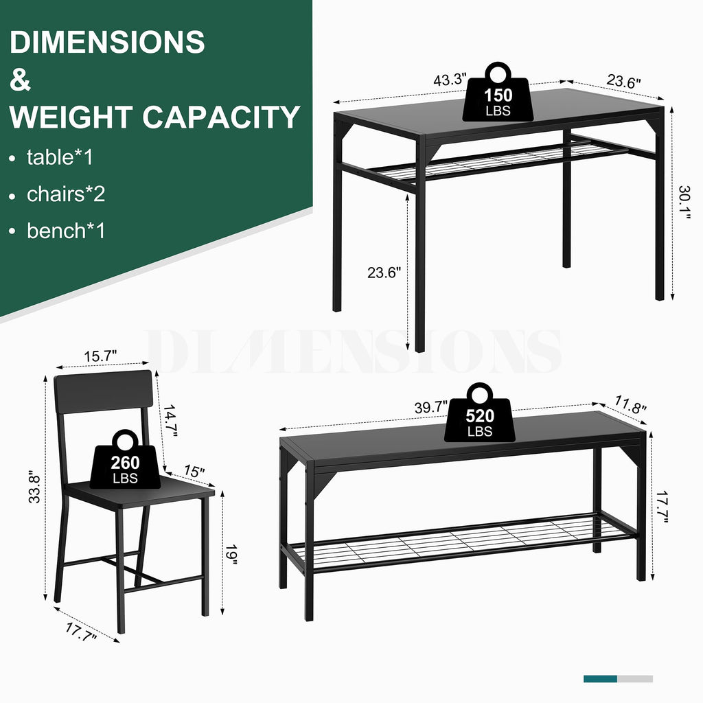 Dining Table Set for 4 with Bench and Chairs, Black