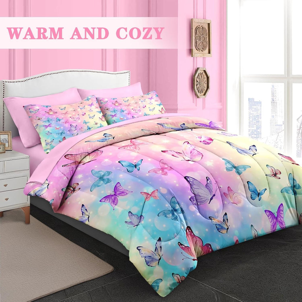 Comforter Set Twin, Pink Blue Butterfly 5 Pcs Bedding for Kids and Adults, Colorful Rainbow Bed Sheet Sets with