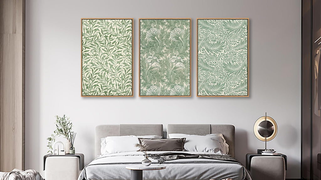 Large Green Flowers Wall Art, William Morris Floral Pictures, 24"X36"X3