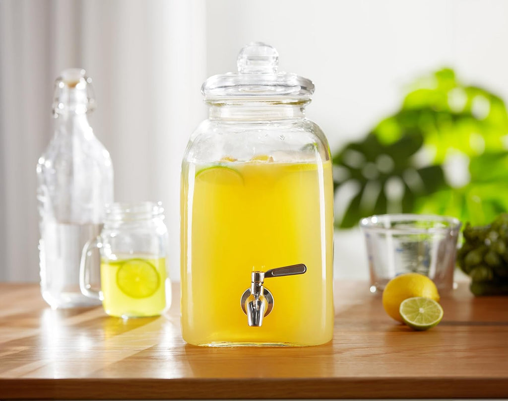 Glass Drink Dispenser, with Leak-Proof Stainless Steel Spigot and Customizable Label Tag, Clear Mason Jar, Beverage