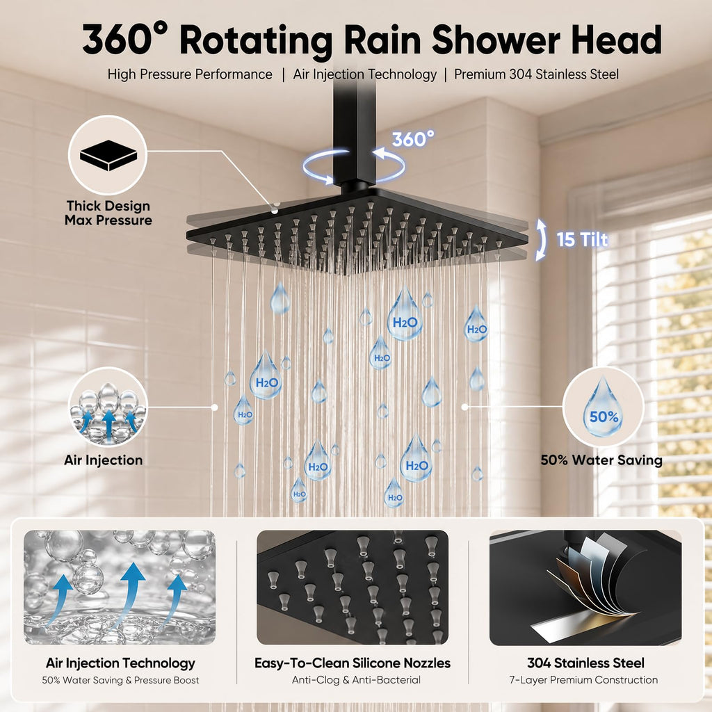 Shower Faucet Set, 10" & 6" Dual Rainfall Shower Heads with Ceiling & Wall Mount, Matte Black Shower System with